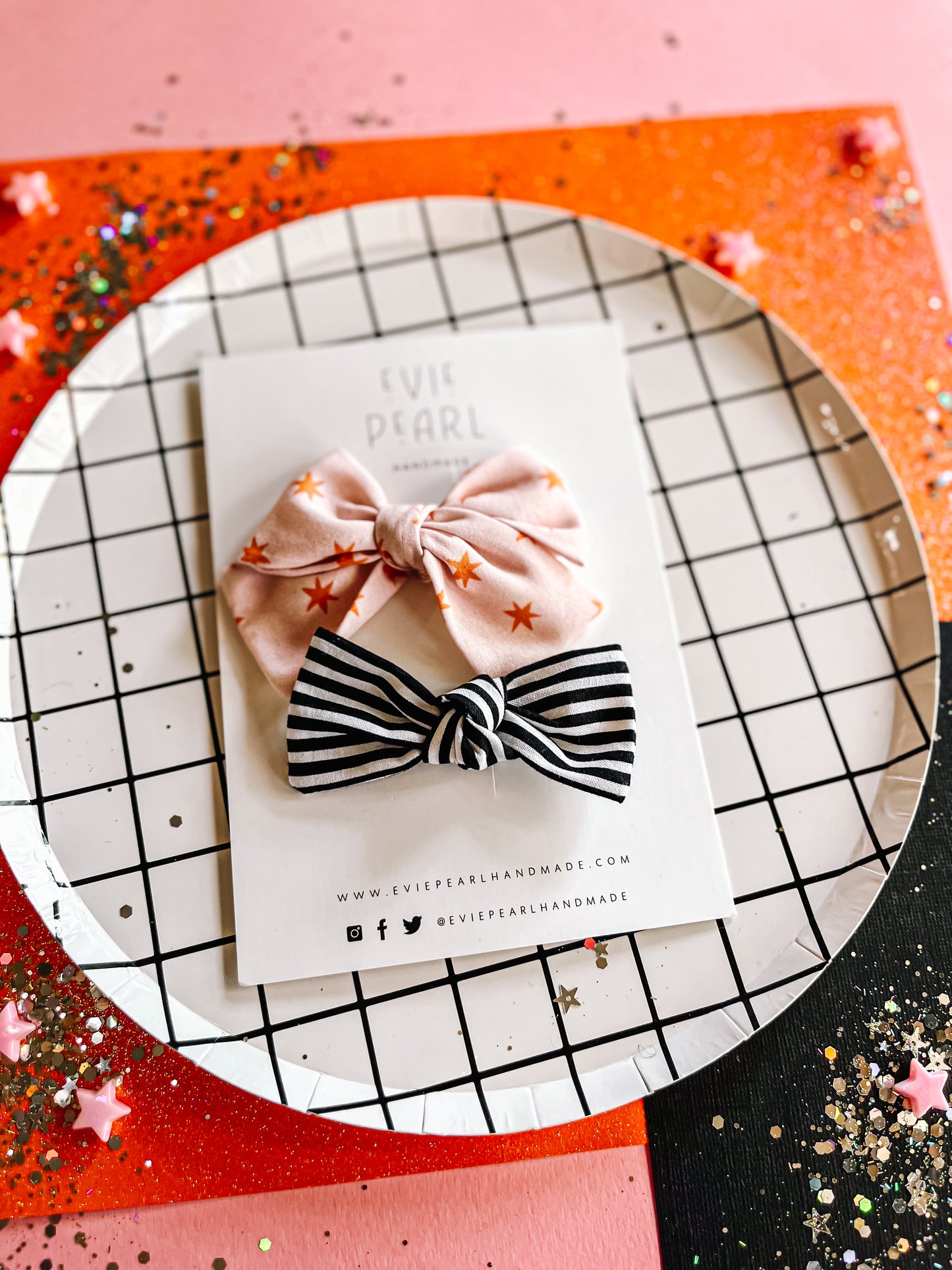 Pink| Orange Star Medium Pinwheel Bow with B&W striped knot bow set