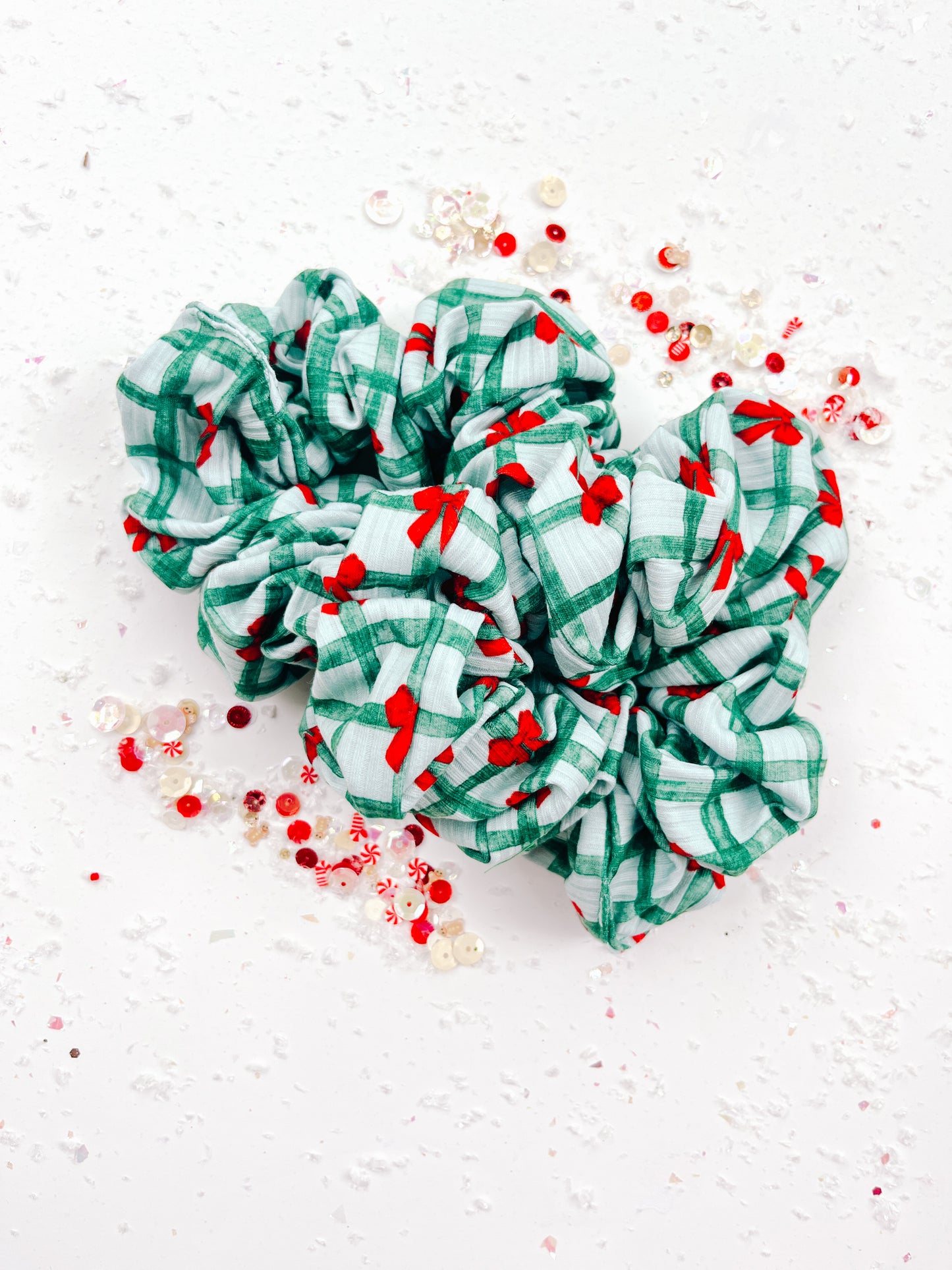 Green Plaid With Red Bows Oversized Scrunchy