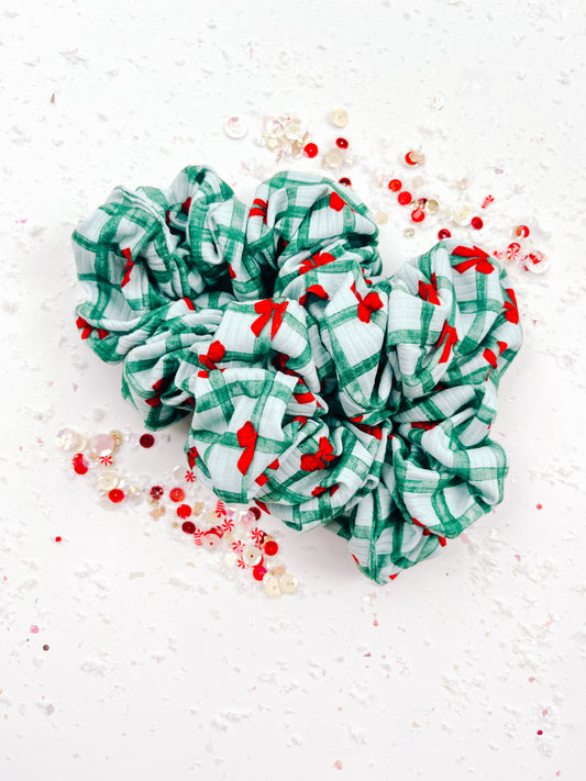Green Plaid With Red Bows Oversized Scrunchy