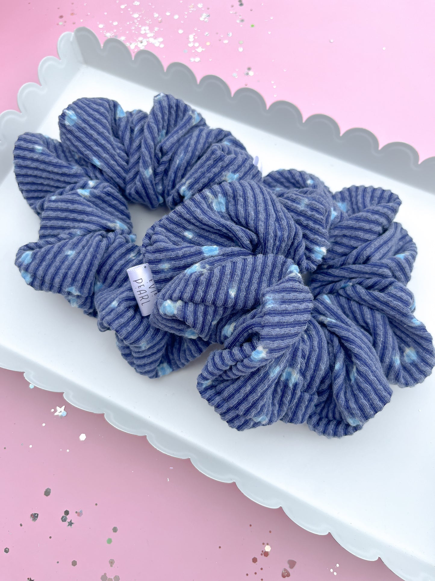 Navy Floral Ribbed Oversized Scrunchy