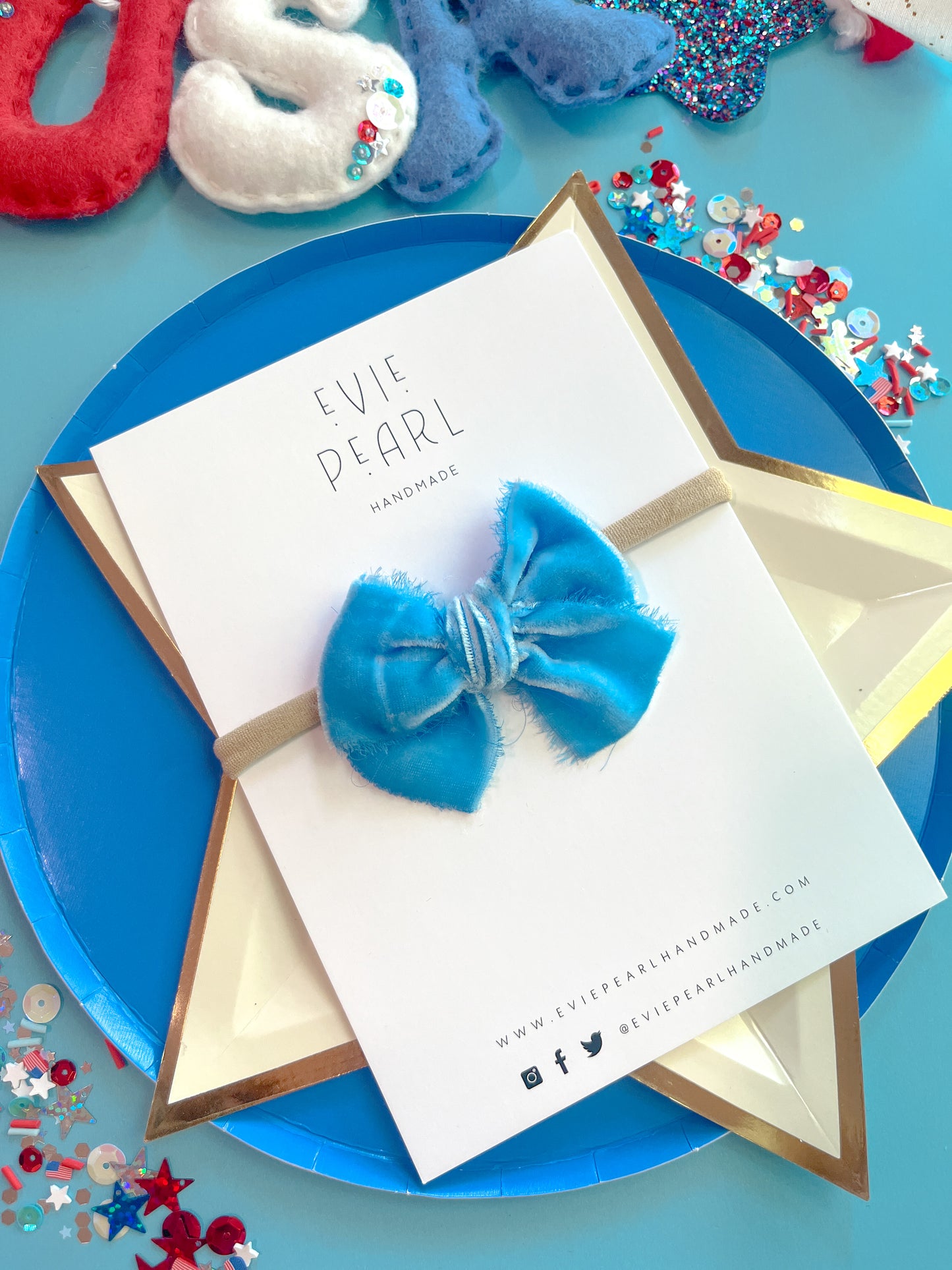Small Blue Raw Silk Bow on nylon headband