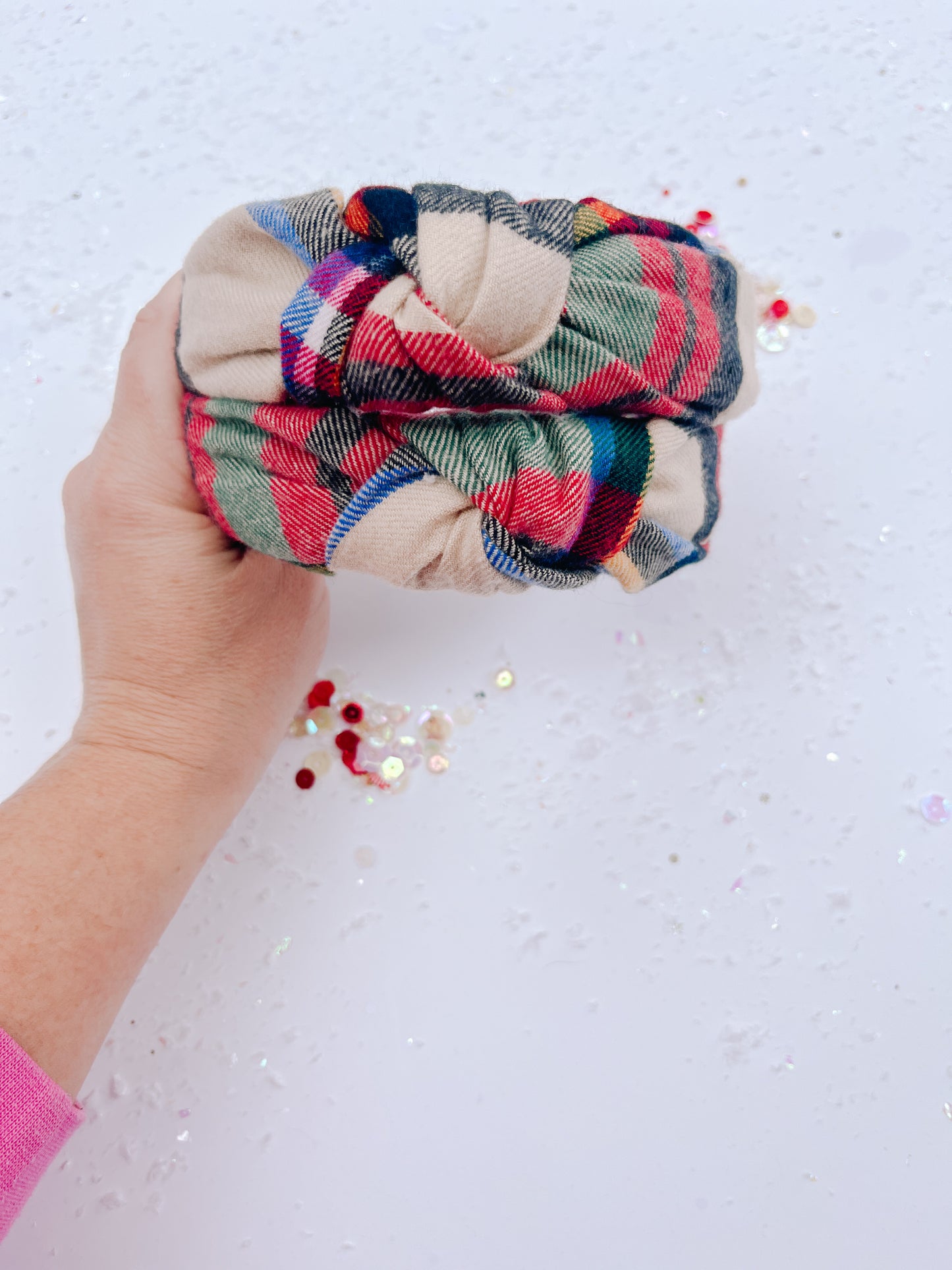 Tan Red Plaid Knotted Headband for Girls & Women