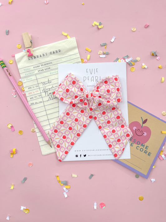Pink Daisy Pencil Apple XL Pinwheel Bow