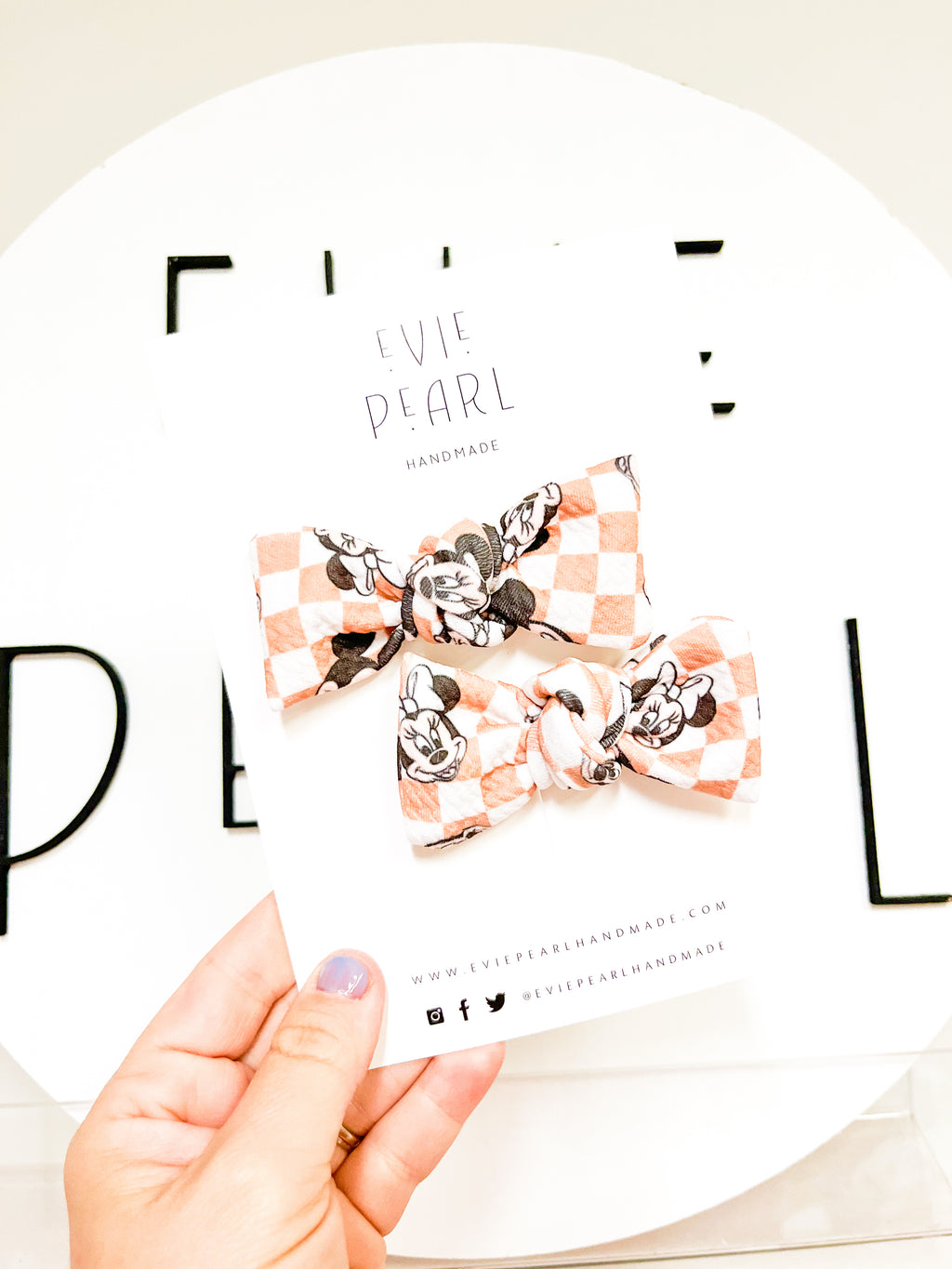 Tan Checkered Mouse Knot Bow Pigtails