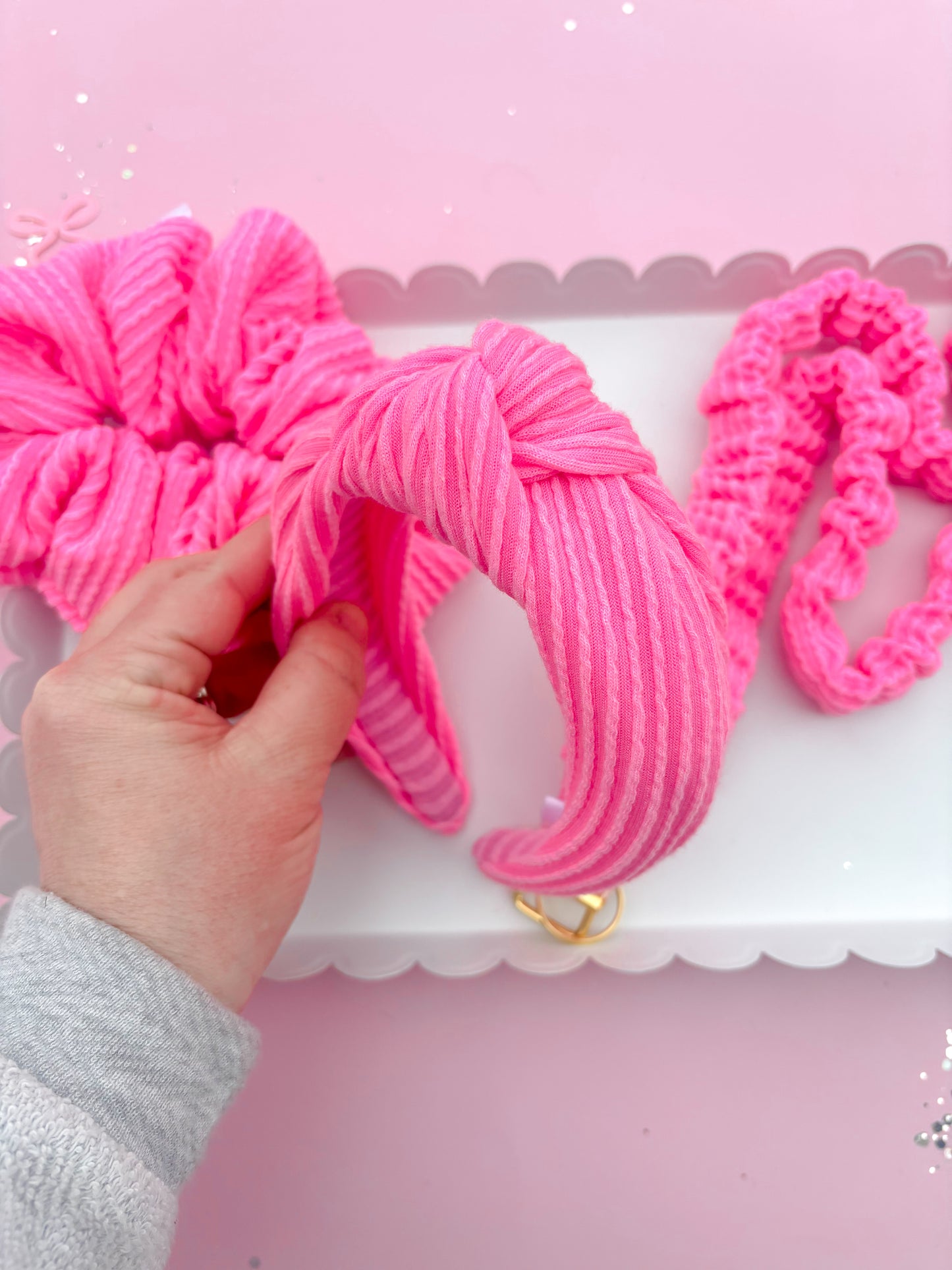 Bubblegum Pink Ribbed Teacher Gift Set- Lanyard| Knotted Headband| Scrunchie