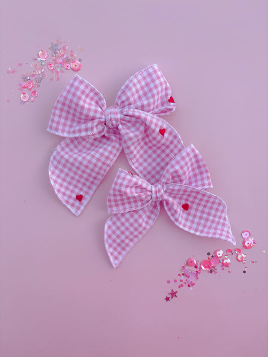 Pink Gingham Red Heart Bow