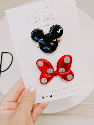 Black Sequin Mouse Head & Red Dot Bow Clip Set