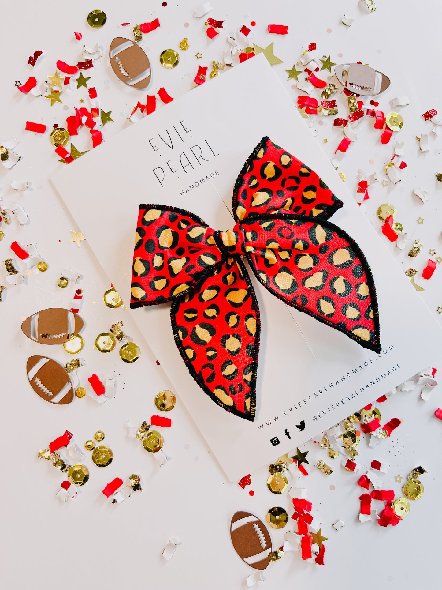 Red Leopard Black Stitching Bow