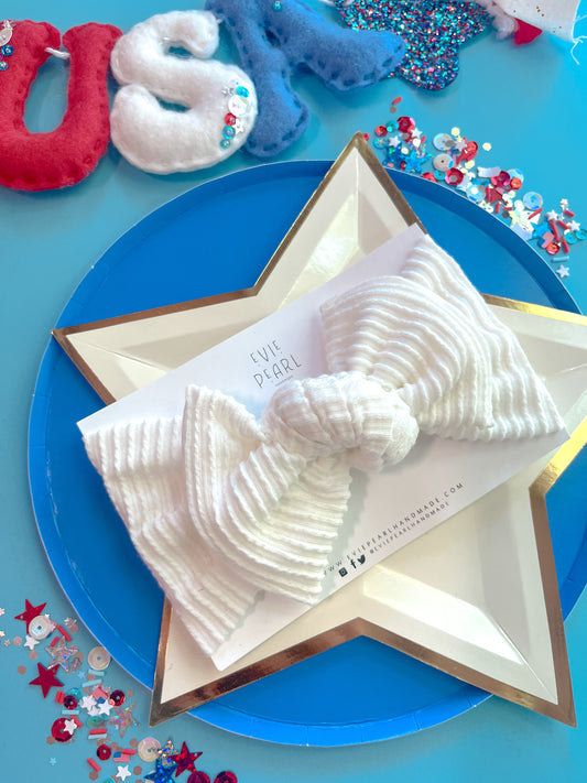 Crisp White Ribbed Baby Bow Turban