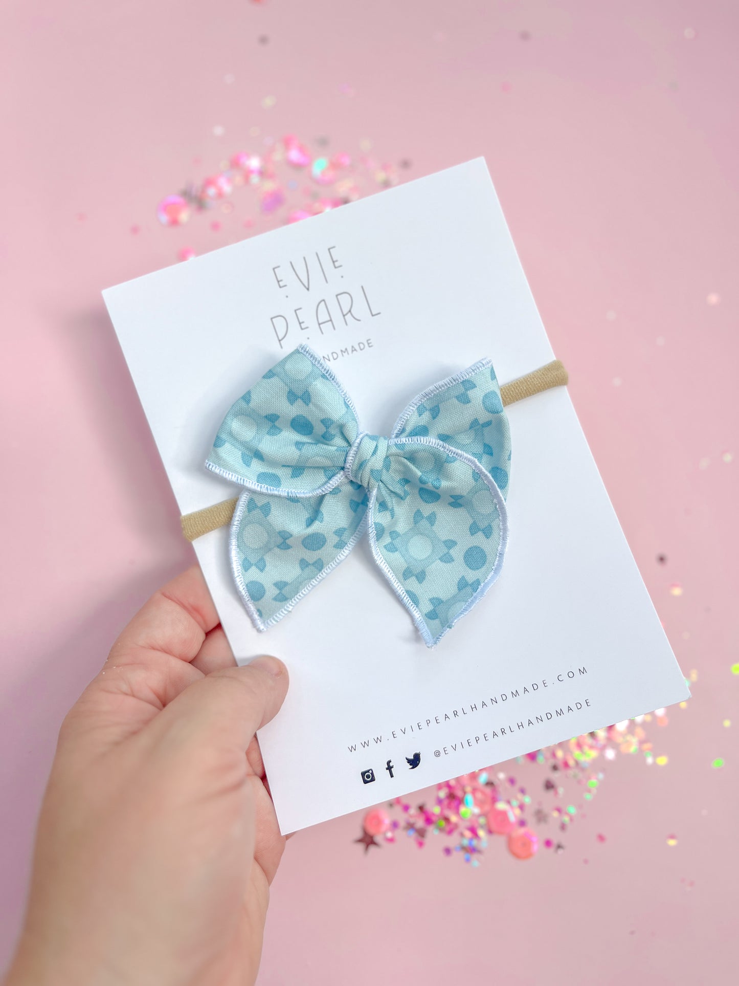 Small Blue Quilt Bow On Nylon Headband