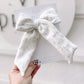 Gray sweatshirt long-tailed bow handmade neutral hair accessory with soft sweatshirt texture and right side alligator clip