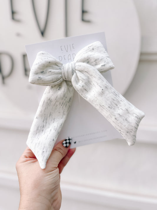 Gray sweatshirt long-tailed bow handmade neutral hair accessory with soft sweatshirt texture and right side alligator clip