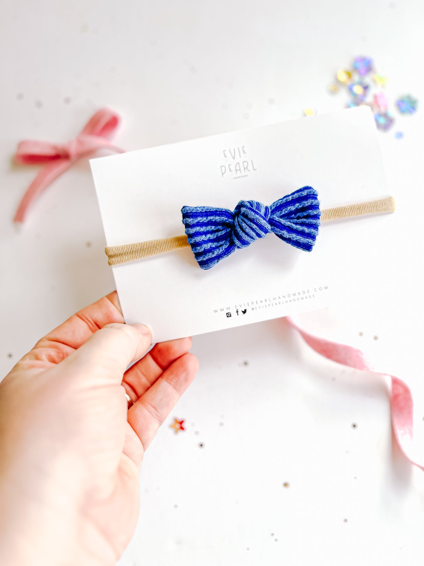 Blue Ribbed Knot Bow on nylon headband