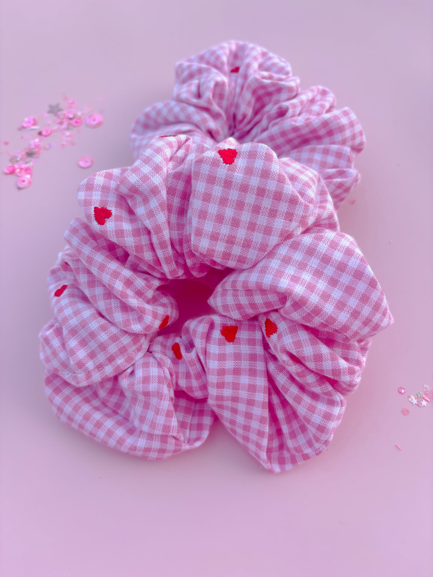 Pink Gingham Red Heart Oversized Scrunchy