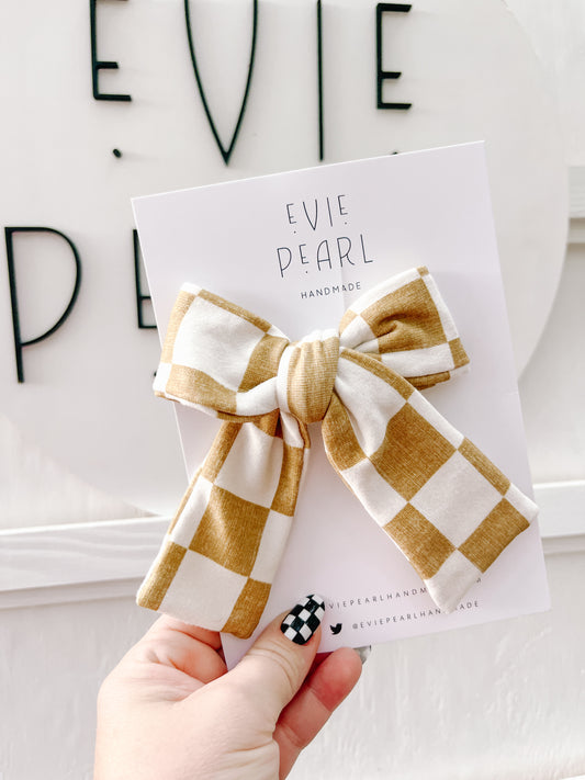 Gold Checkered Longtailed Hair Bow