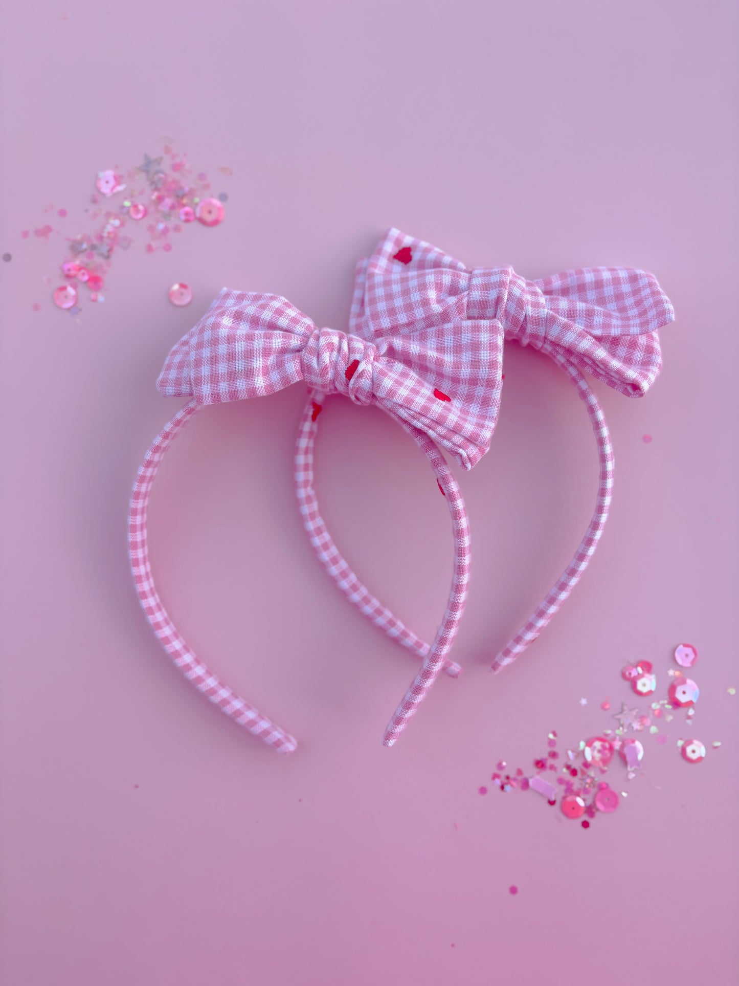 Pink Gingham Red Heart Bow Headband