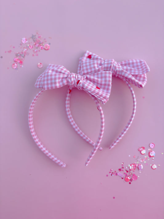 Pink Gingham Red Heart Bow Headband