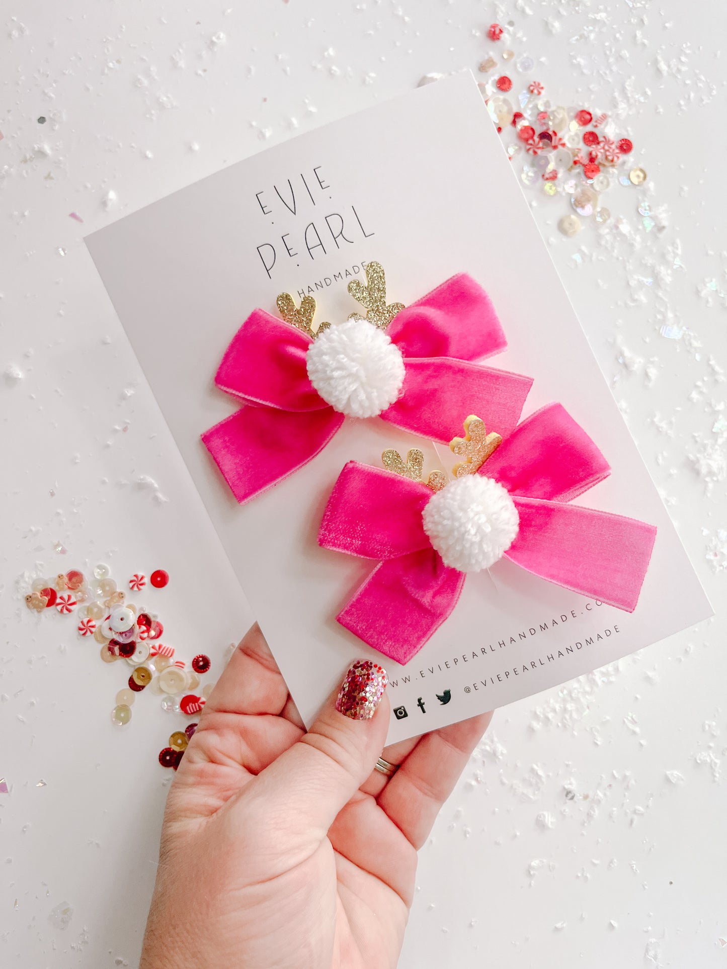 Hot Pink Reindeer White Nose Velvet Small Bow Pigtail Set