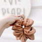 Chestnut ribbed scrunchie in regular and oversized sizes – soft brown hair accessory for women, teens, and girls.