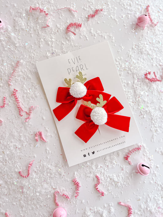 Red Reindeer White Nose Velvet Small Bow Pigtail Set