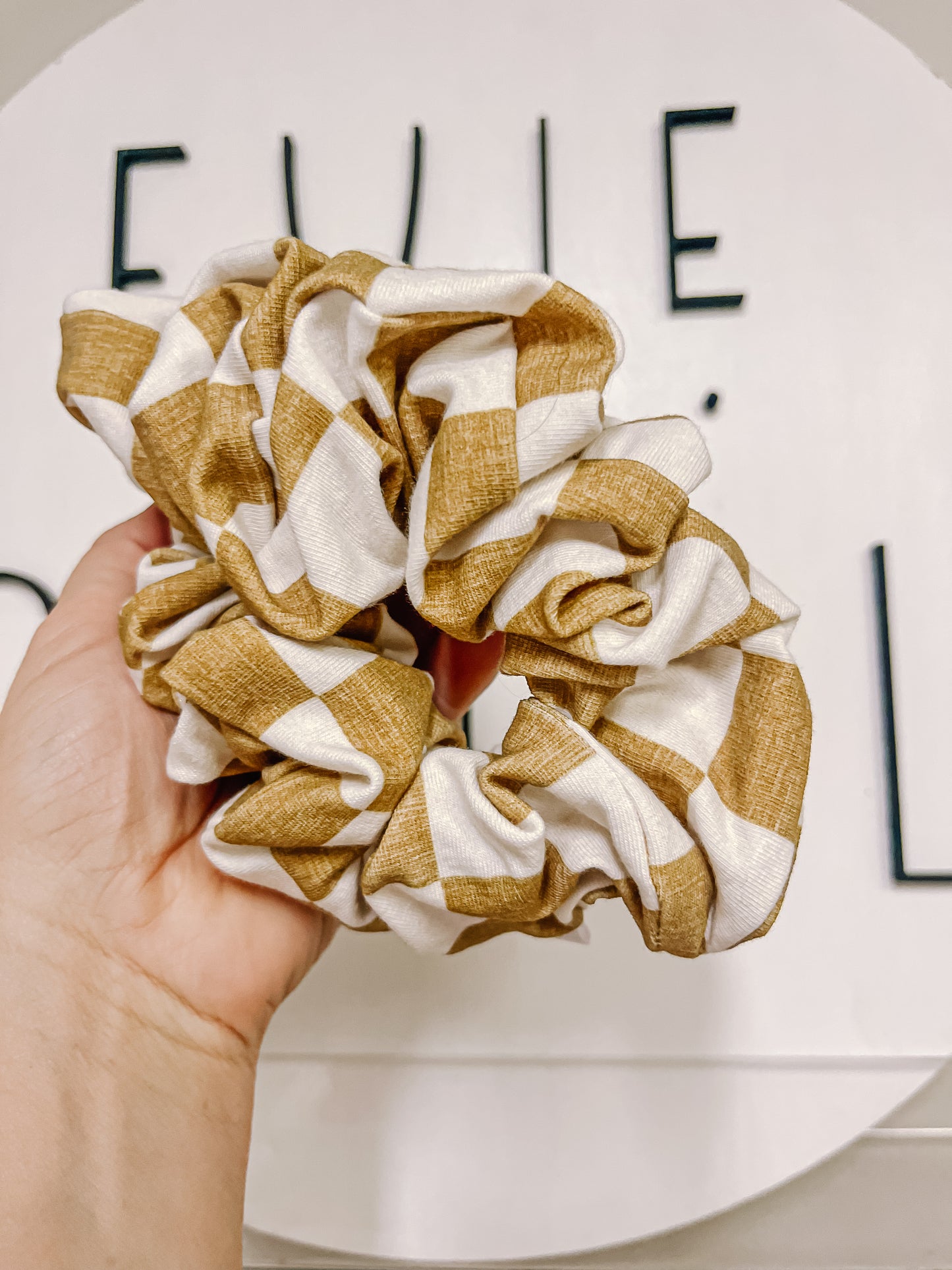 Gold Cream Checkered Oversized Scrunchy