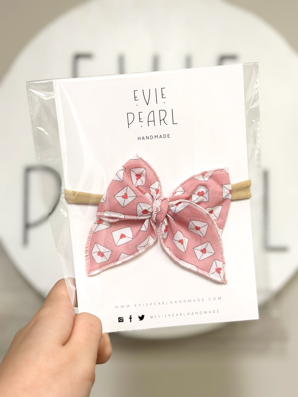 Small Pink Envelope Love Note Bow on Nylon Headband