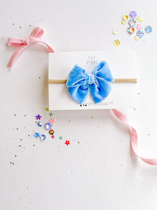 Small Blue Raw Silk Bow on nylon headband