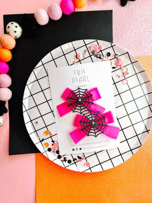 Hot Pink Spider Web Pigtail Bow Set