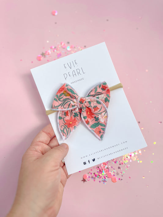 Small Pink Floral Bow On Nylon Headband