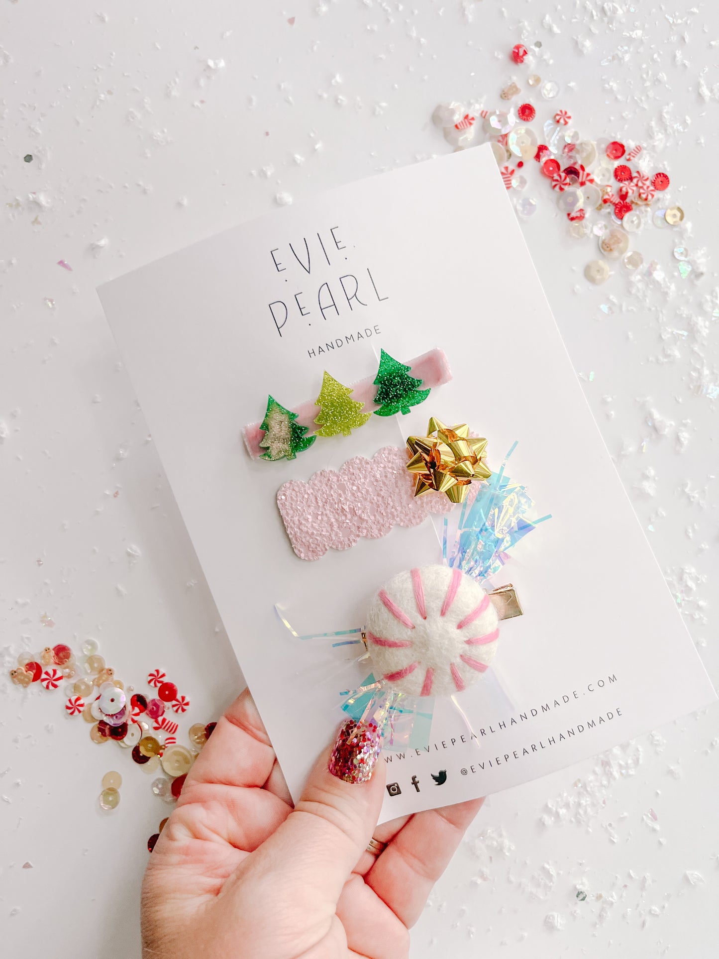 Green Trees, Pink Glitter Gold Bow, Pink Peppermint Hair Clip Set