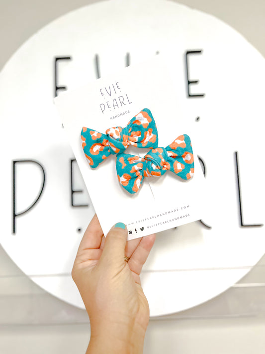 Teal Orange Leopard Pigtail Bow Set