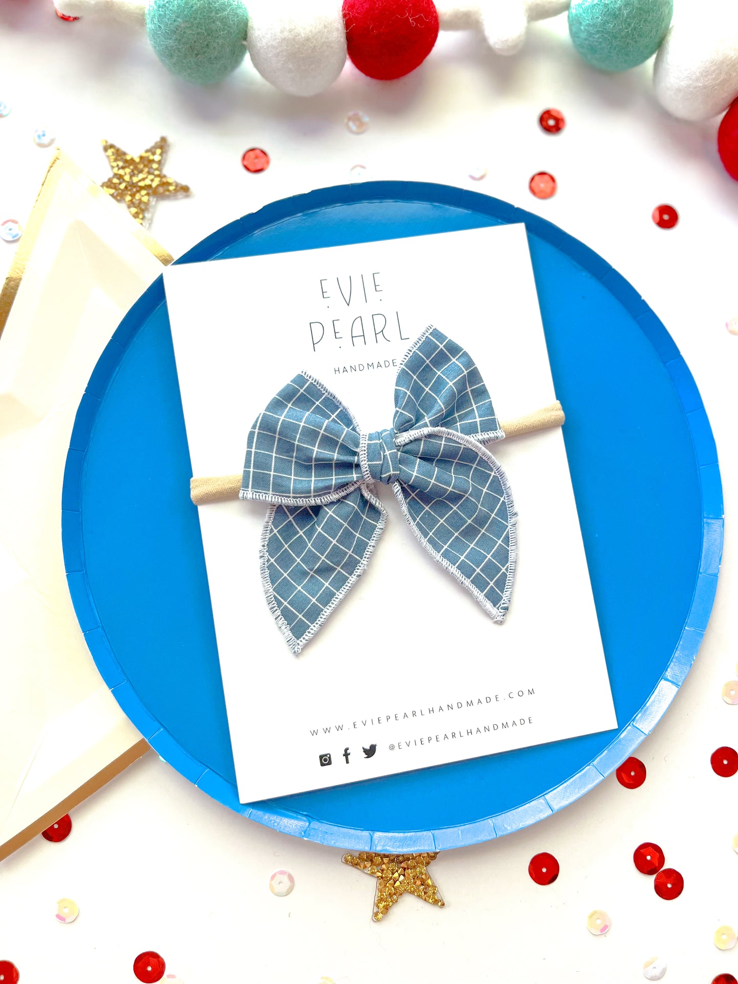 Blue Grid Small Bow on Nylon Headband