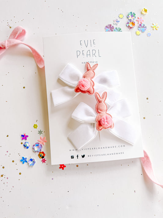 Rose Pink Bunny White Velvet Pigtail Bows