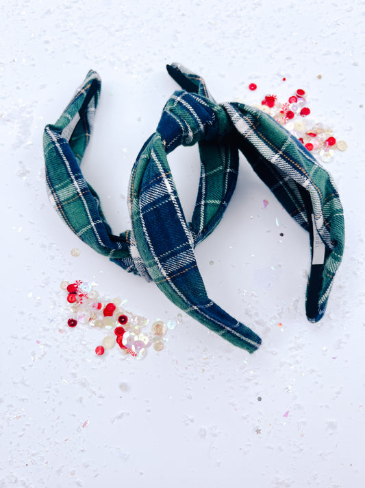 Navy Green Plaid Knotted Headband for Girls & Women