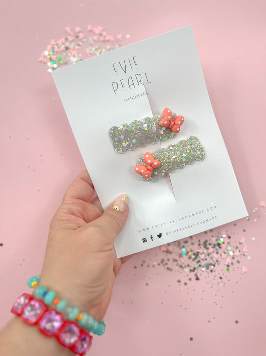 Silver Glitter Coral Pink Minnie Snap Clip Pigtails
