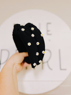 Solid Black Daisy Beads Knotted Headband for Girls & Adults