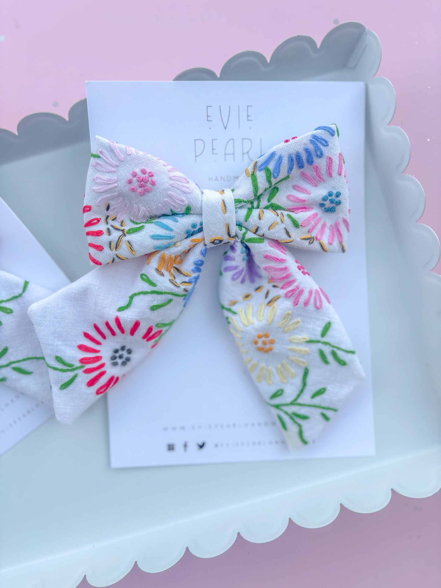 Hand Embroidered Floral Medium Sailor Hair Bow-READ DESCRIPTION