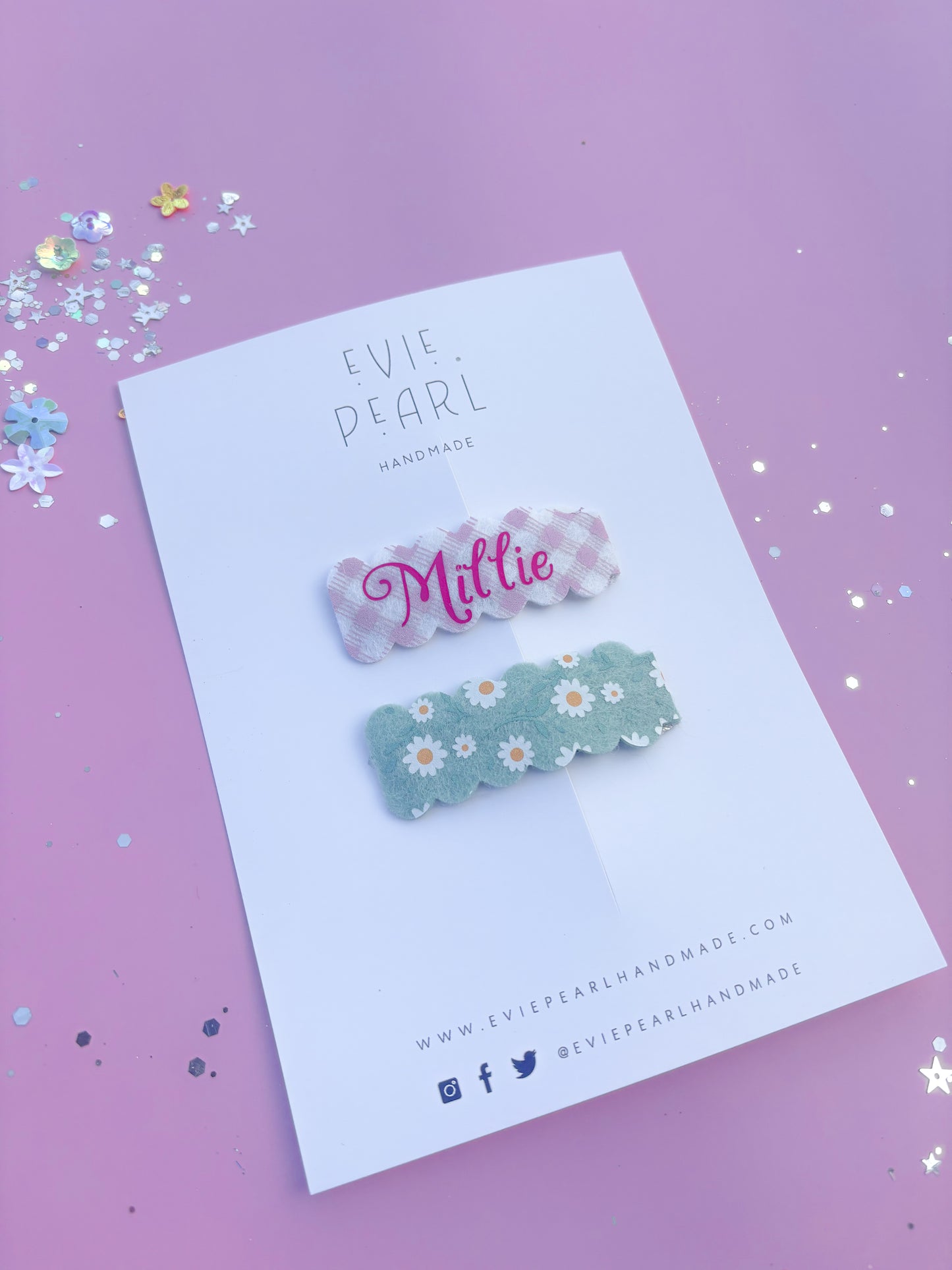 Personalized Pink Gingham & Sage Daisy Clip Set