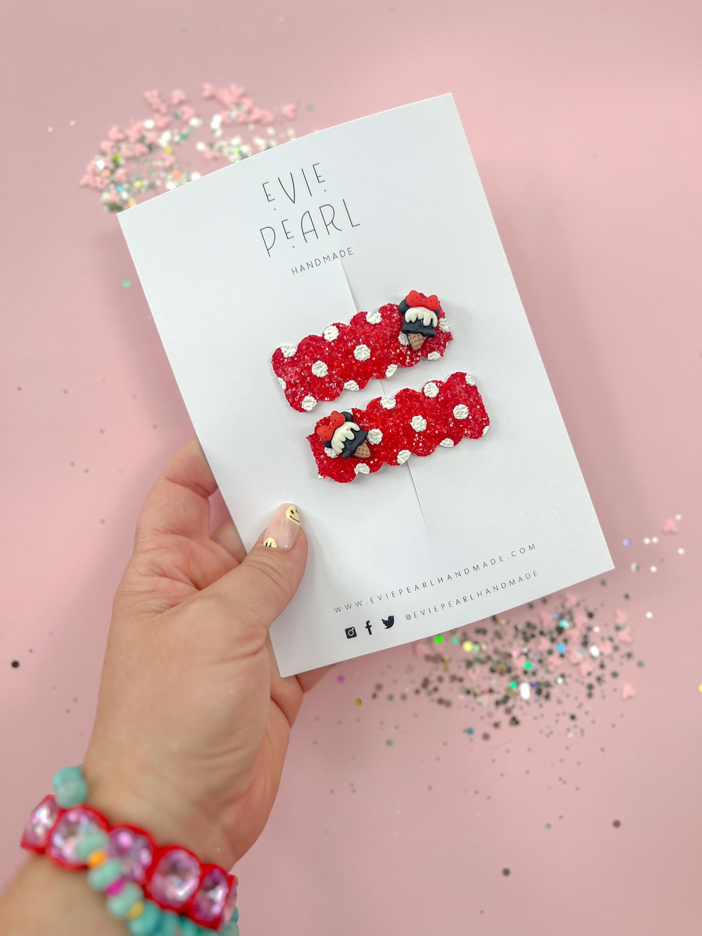 Red & White Mouse Ice Cream Polka Dot Snap Clip Set