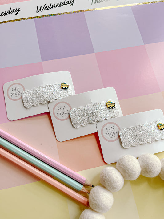 White Glitter School Bus Snap Clip Charm