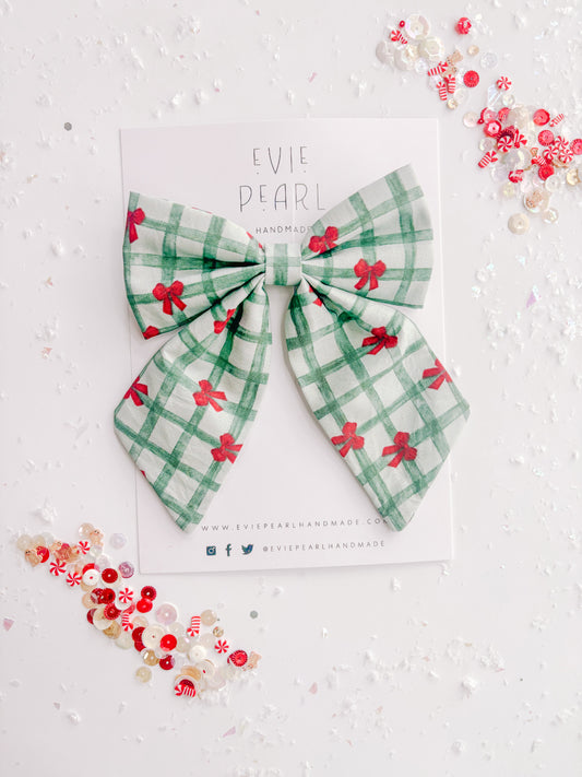 Green Plaid Red Bows Medium Sailor Bow