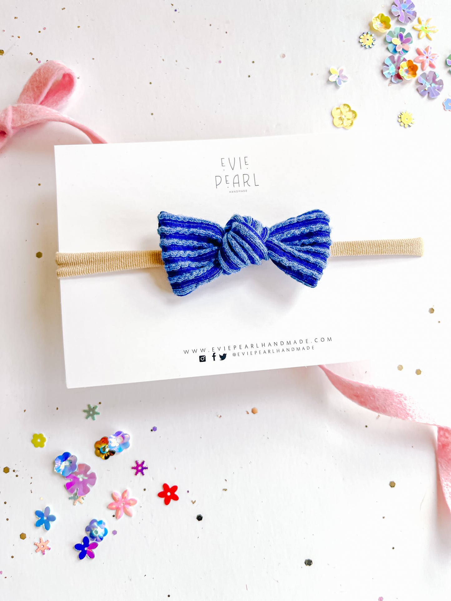 Blue Ribbed Knot Bow on nylon headband