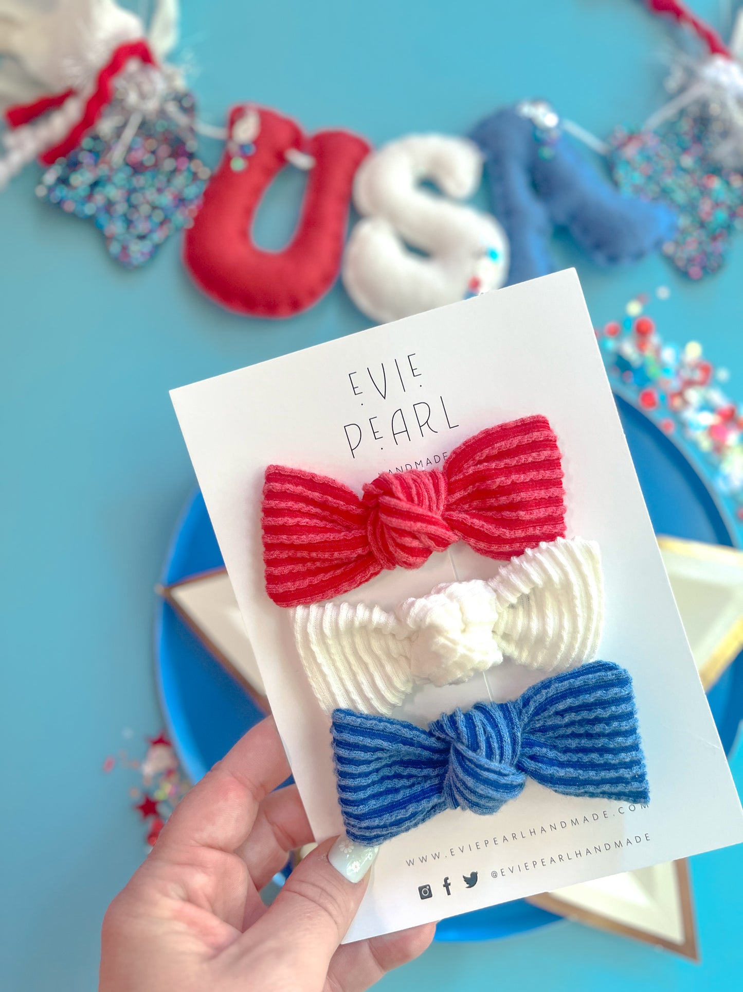 Red, White & Blue Ribbed Bow Set