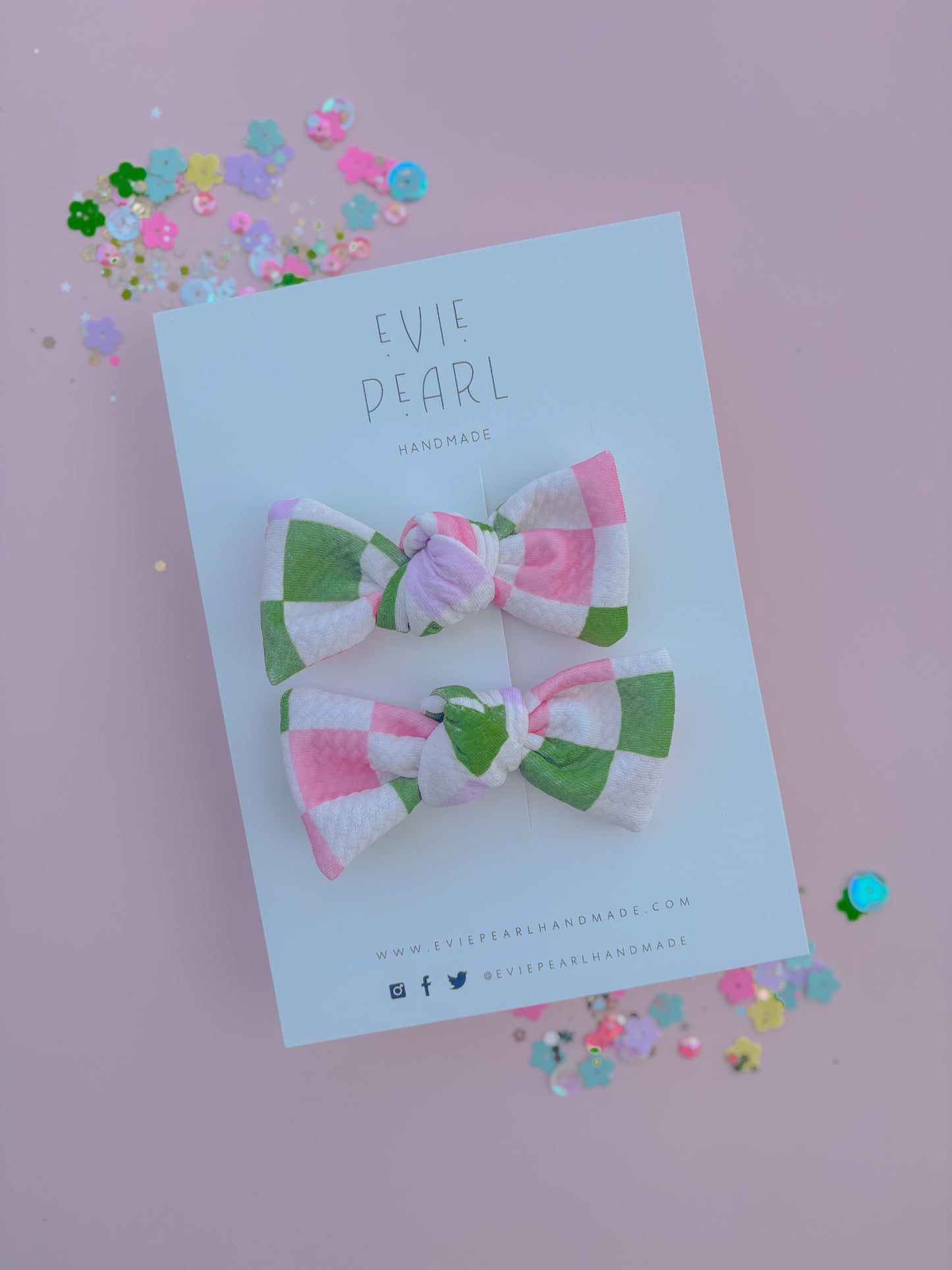 Green, Pink, Lilac Checkered Knot Bow Pigtail Set