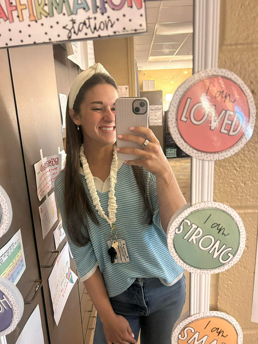 White Ribbed Teacher Gift Set- Lanyard| Knotted Headband| Scrunchie