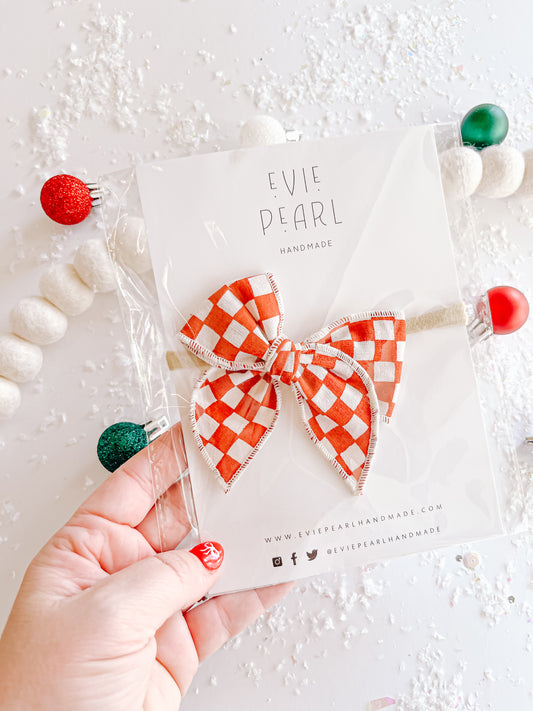 Small Red Checkered Bow on Nylon Headband