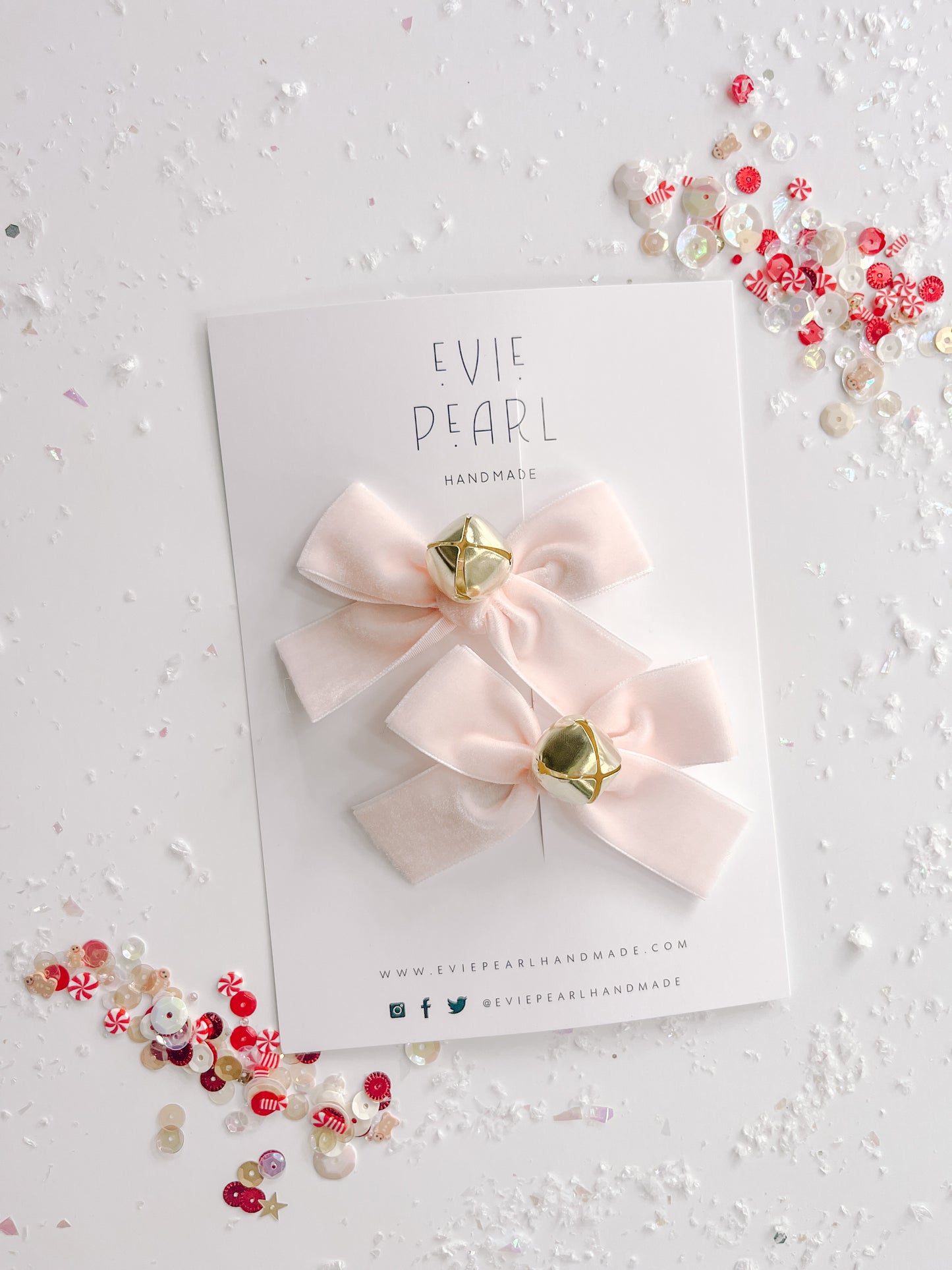 Light Pink Velvet Jingle Bell Small Bow Pigtail Set