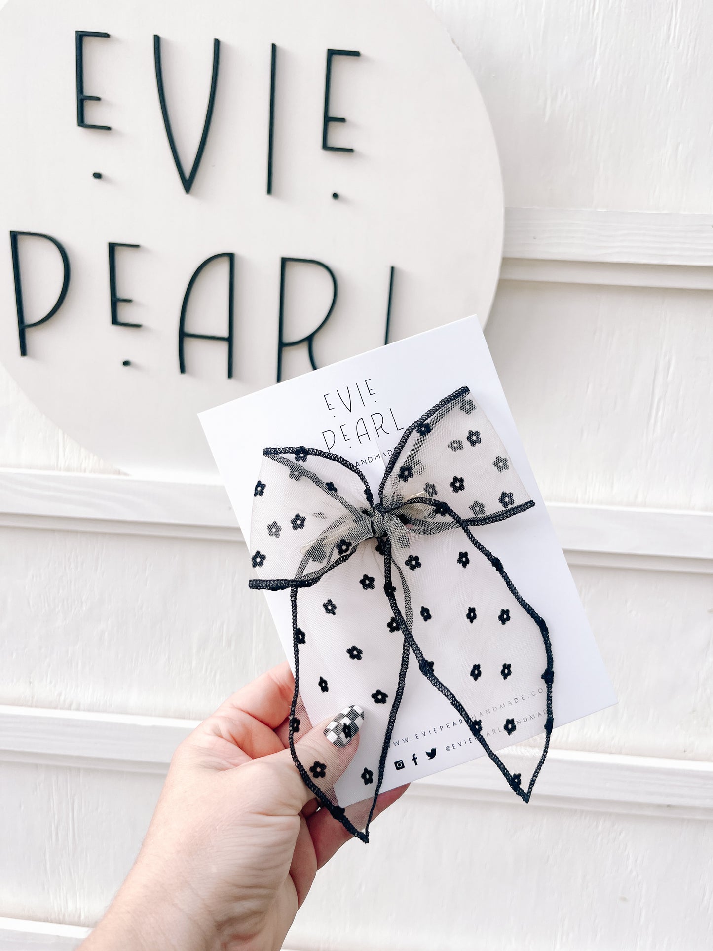 Oversized black sheer daisy flocked bow 5x6 inch handmade hair accessory with right-side alligator clip
