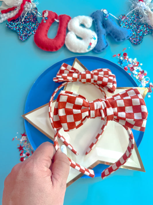 Red Checkered Bow Headband