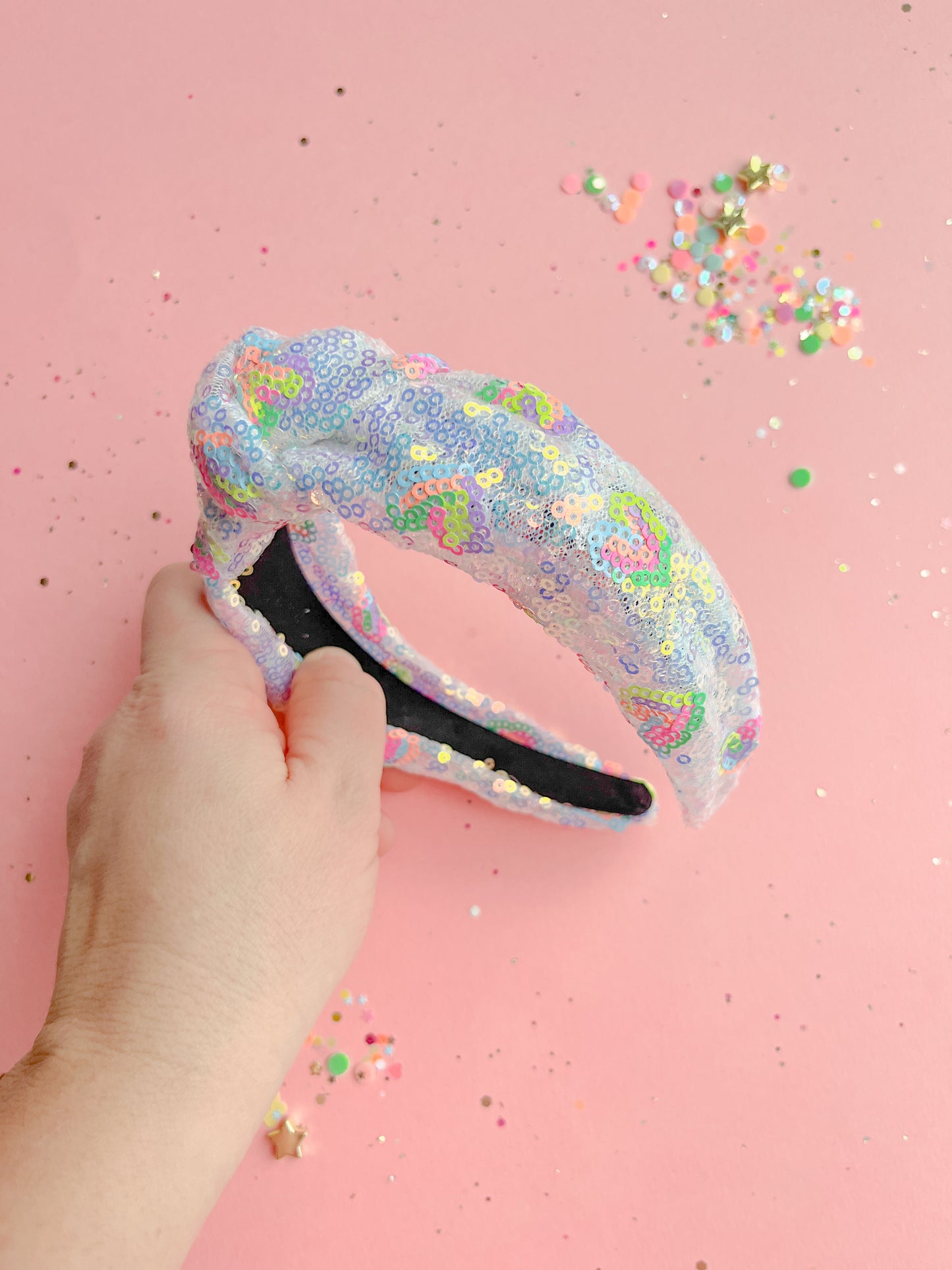 Rainbow Sequins Heart Knotted Headband